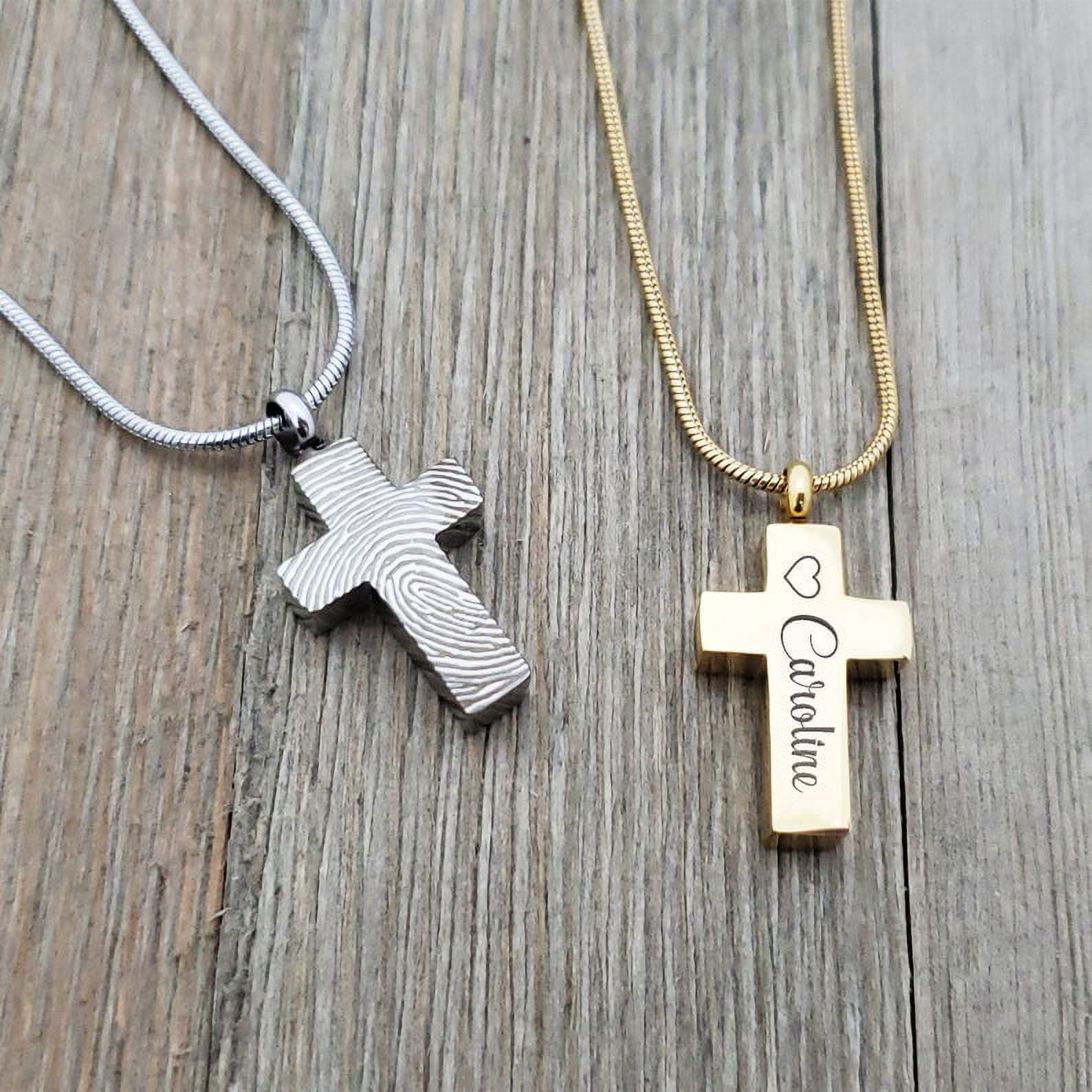 Personalized Silver Cross Cremation Necklace Fingerprint Memorial Necklace Stainless Steel Urn Ashes Holder Pendant with Free Velvet Jewelry Box and Funnel Kit