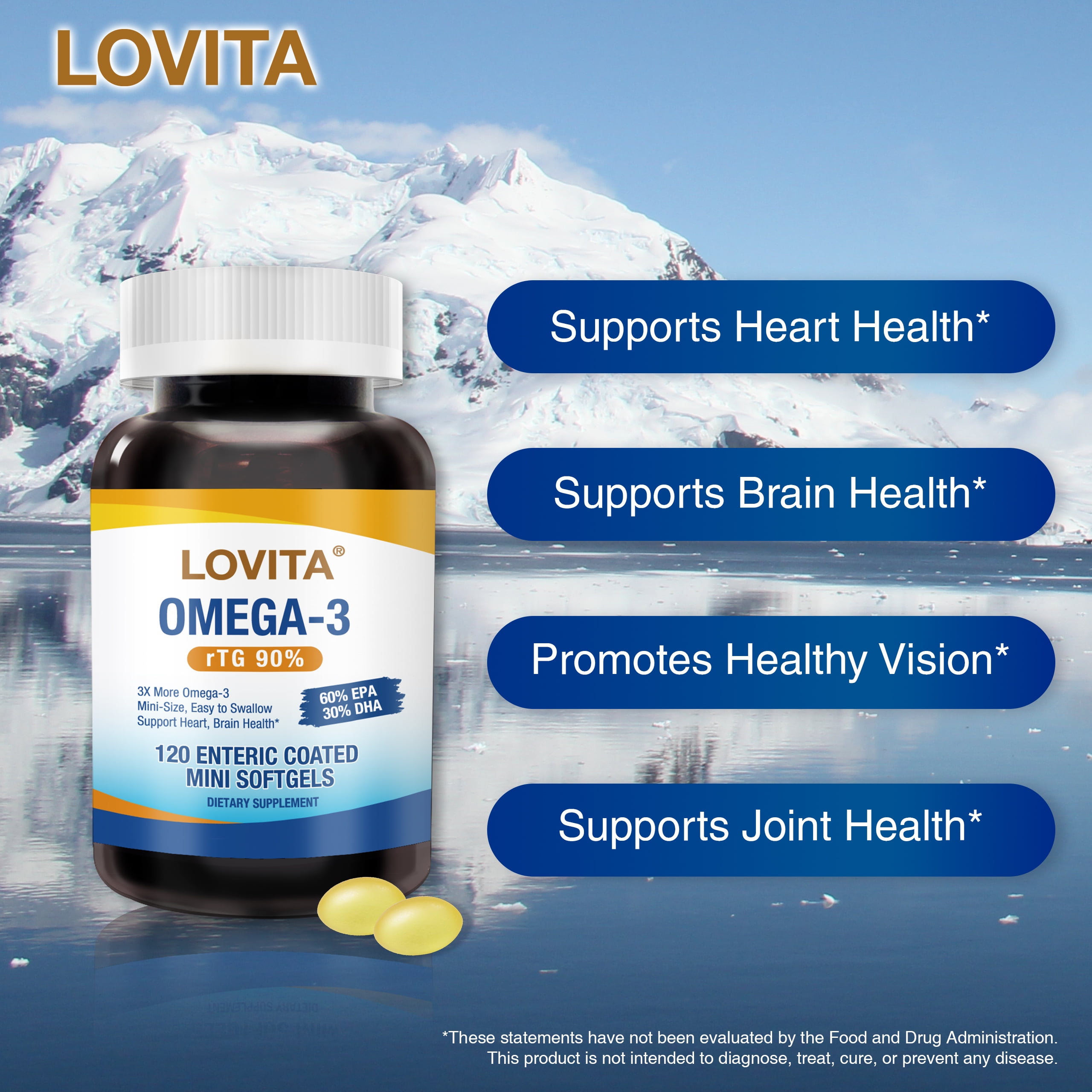 LOVITA Omega-3 Fish Oil Mini Softgels (rTG Form), High Absorption, 90% Omega-3 (EPA & DHA), Burpless, Heart, Brain & Eye Support – 120 Enteric-Coated Softgels (Pack of 3)