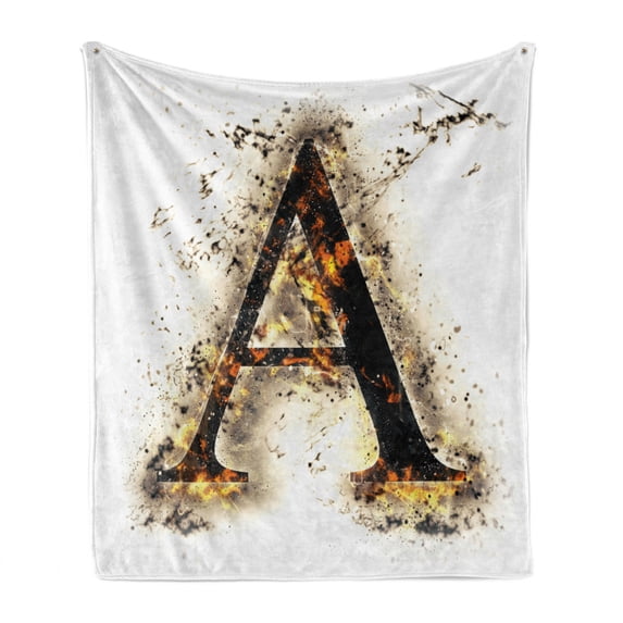 Letter a Soft Flannel Fleece Blanket, Fiery Pattern First Letter of Alphabet Flame Texture Worn Stained Background, Cozy Plush for Indoor and Outdoor Use, 50" x 60", Tan Black Orange, by Ambesonne