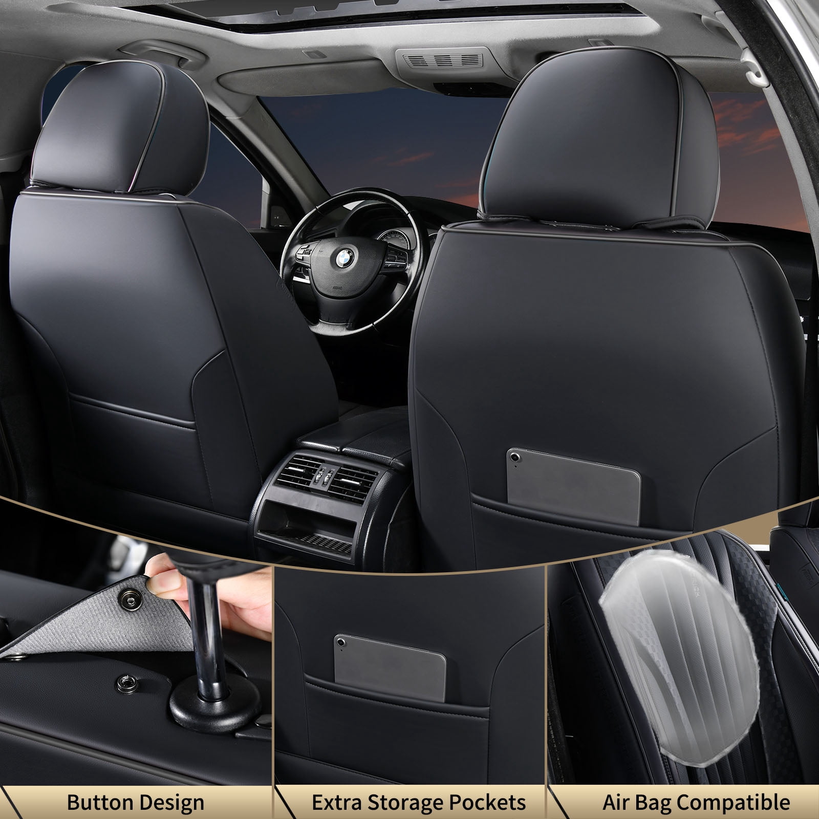 FLORICH Car Seat Covers, 2 Seats Waterproof Faux Leather Seat Cushions, Auto Protectors Universal Fit Most Cars, Black