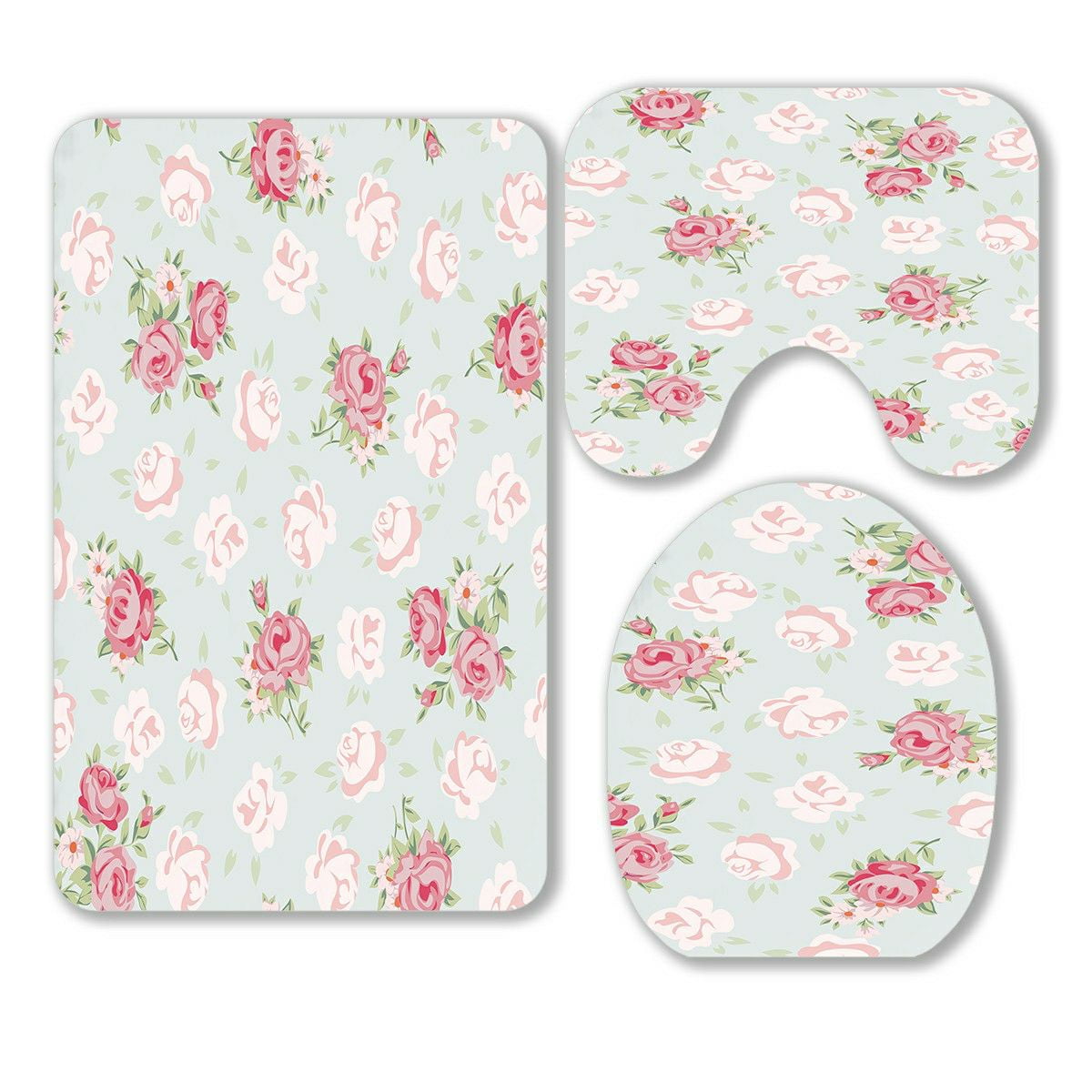ECZJNT Floral vintage pattern Shabby chic rose 3 Piece Bathroom Rugs Set Bath Rug Contour Mat