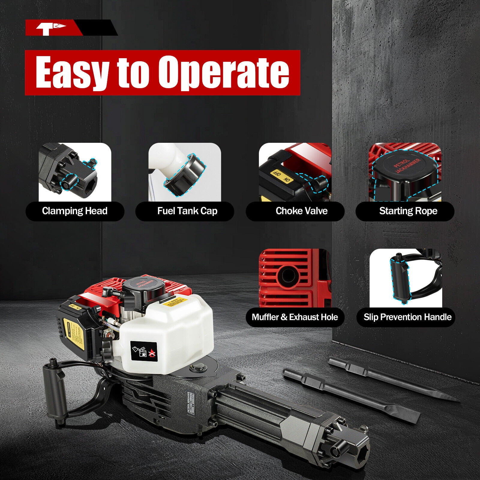 Miumaeov 52cc 1.9KW Gas Demolition Concrete Breaker Punch Drill Jack Hammer with Chisel