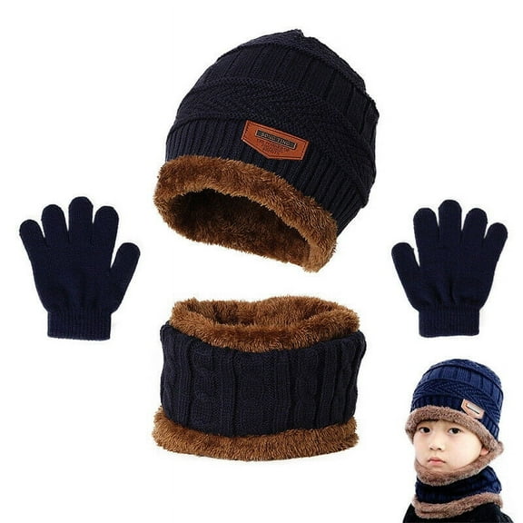 HESHENG Kids Boys Girls Winter Hat Scarf and Gloves Set Fleece Warm Knit Beanie Cap Gift for Winter Outdoor, Navy Blue