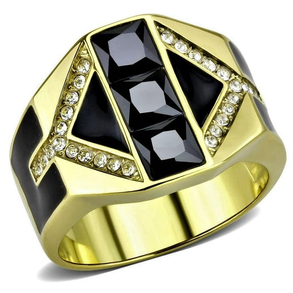 Mens Ring Black Gold Stainless Steel Ring with AAA Grade CZ in Black Diamond
