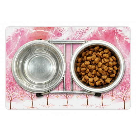 Pink Pet Mat for Food and Water, Hazy Japanese Cherry Blossom Trees with Feather Effects on Top Romantic Design, Non-Slip Rubber Mat for Dogs and Cats, 18" X 12", by Ambesonne