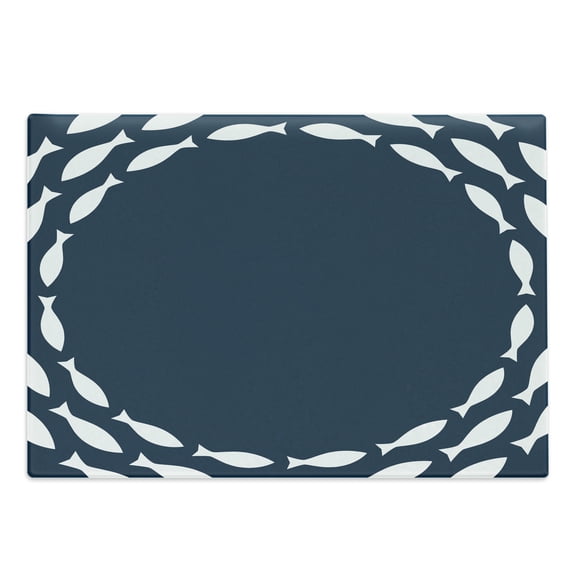 Navy Blue Cutting Board, Ocean Aqua Navy Themed Fish Swimming in a Circle Print, Decorative Tempered Glass Cutting and Serving Board, Large Size, Navy Blue and White, by Ambesonne
