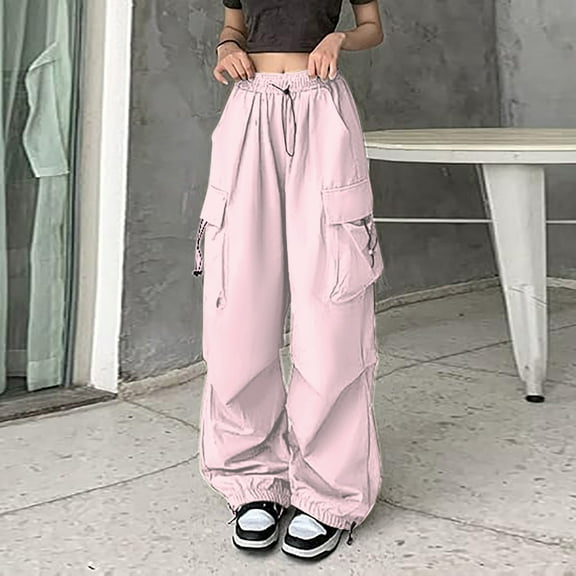 Womens Baggy Cargo Pants Streetwear Hop Joggers Sweatpants Drawstring Casual Loose Solid Color Wide Leg Trousers Women Yoga Pants Ladies Athletic Pants Fall Work Clothes for Women plus Size Womens