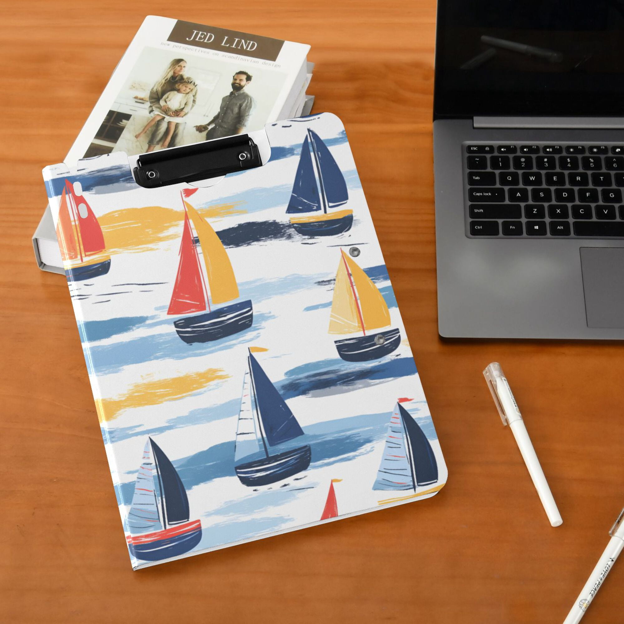 FORMRS A4 Clipboard Folder with Pen Holder Horizontal Foldable School Office Binder, Orange Hand Drawn Sailboats