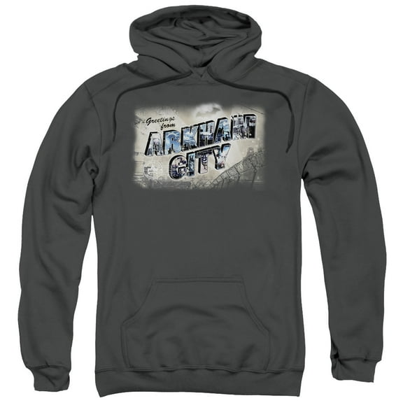 Batman Arkham City Greetings From Arkham Adult Pullover Hoodie Sweatshirt Charcoal