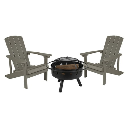 Flash Furniture Charlestown 3 Pcs Iron Wood Burning Fire Pit Set With Adirondack Chairs Light Gray
