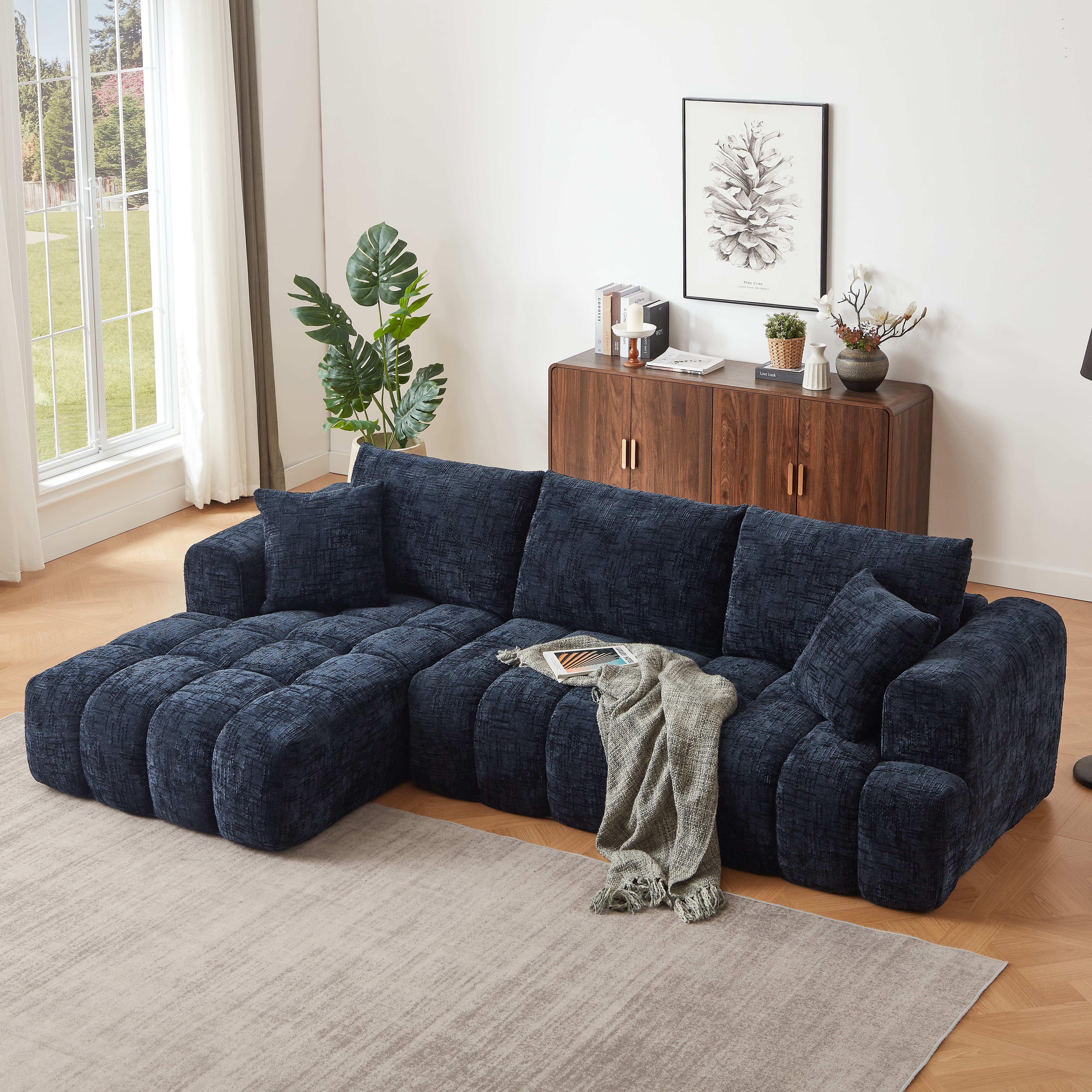 Aukfa 108" L-Shaped Oversized Sectional Sofa, Oversized Cloud Sectional Couch with Chaise & 2 Pillow, No Assembly Sponge Sleeper Couch for Living Room,Dark Blue