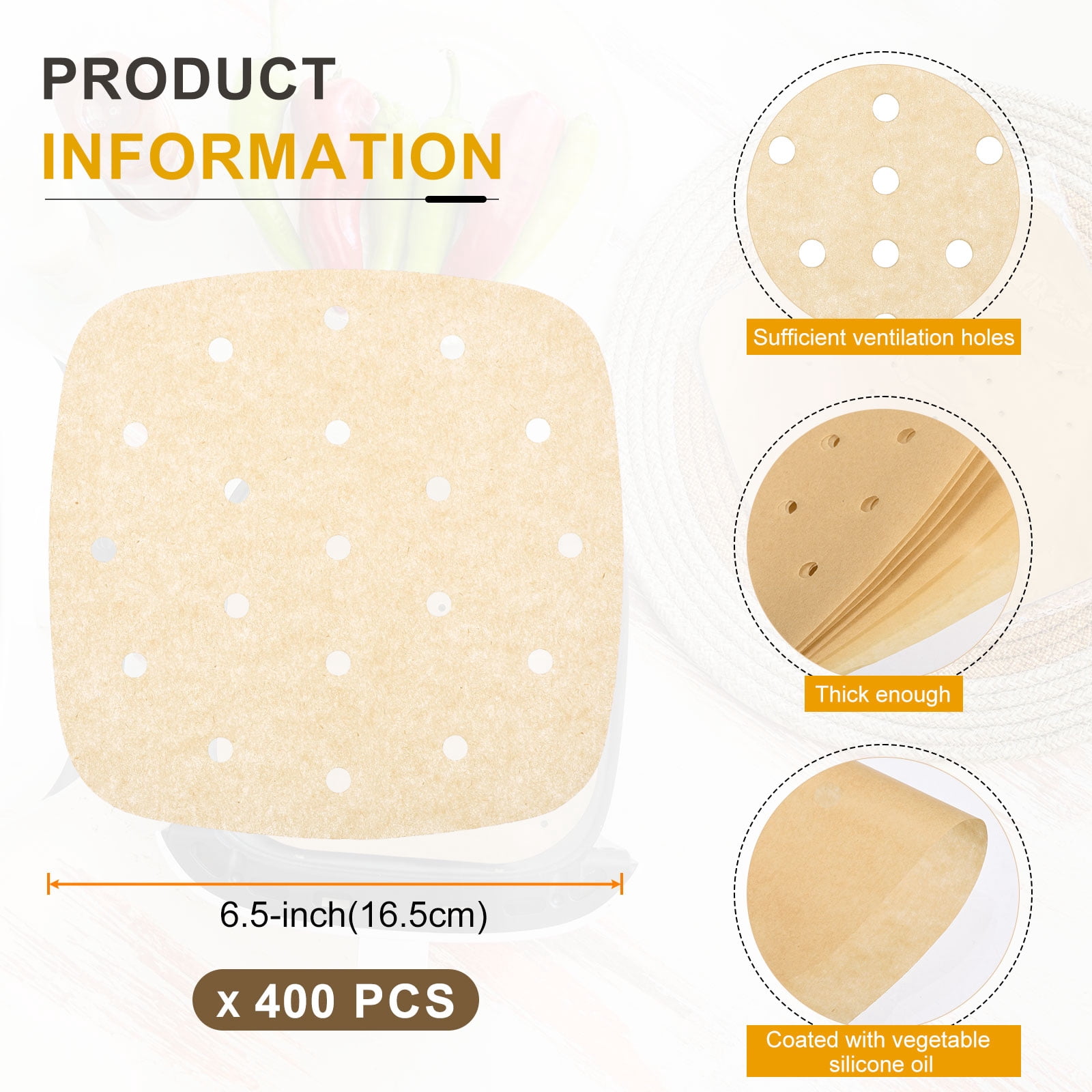 Uxcell 400pcs Air Fryer Liners 6.5 Inch Square Bamboo Steamer Liners with Holes Non-Stick Perforated Parchment Paper Sheets Disposable Steamer Paper for Air Fryers Steaming Basket, Brown