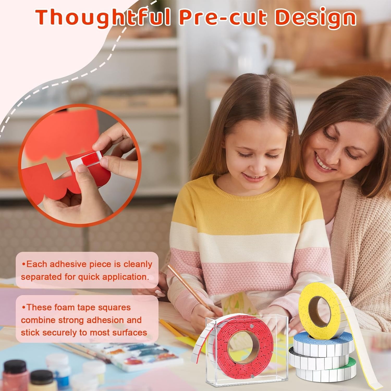 5 Roll Double Sided Foam Tape for Crafts 0.75 x 0.47 Inch Pre-Cut Foam Mounting Tape with 1 Acrylic Storage Box Square Foam Dots Double Sided Adhesive Fit Arts Sewing DIY (5 Roll White+Box)