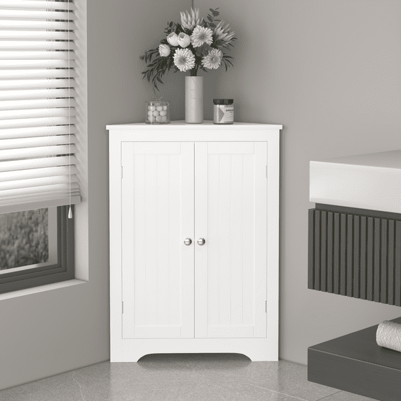 Bathroom Storage Cabinet Floor Corner Cabinet with 2 Doors and Adjustable Shelves, Freestanding Narrow Cabinet Organizer, Corner Storage Cabinets for Bathroom, Kitchen, Living Room, or Bedroom, White