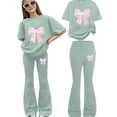 thumbnail image 4 of Girls Two Piece Outfit Summer Girls Clothing Set 2 Piece Bow Graphic Short Sleeve T Shirts Wide Leg Flare Pants Kids Summer Outfit Preppy Tracksuit Clothes, 4 of 5