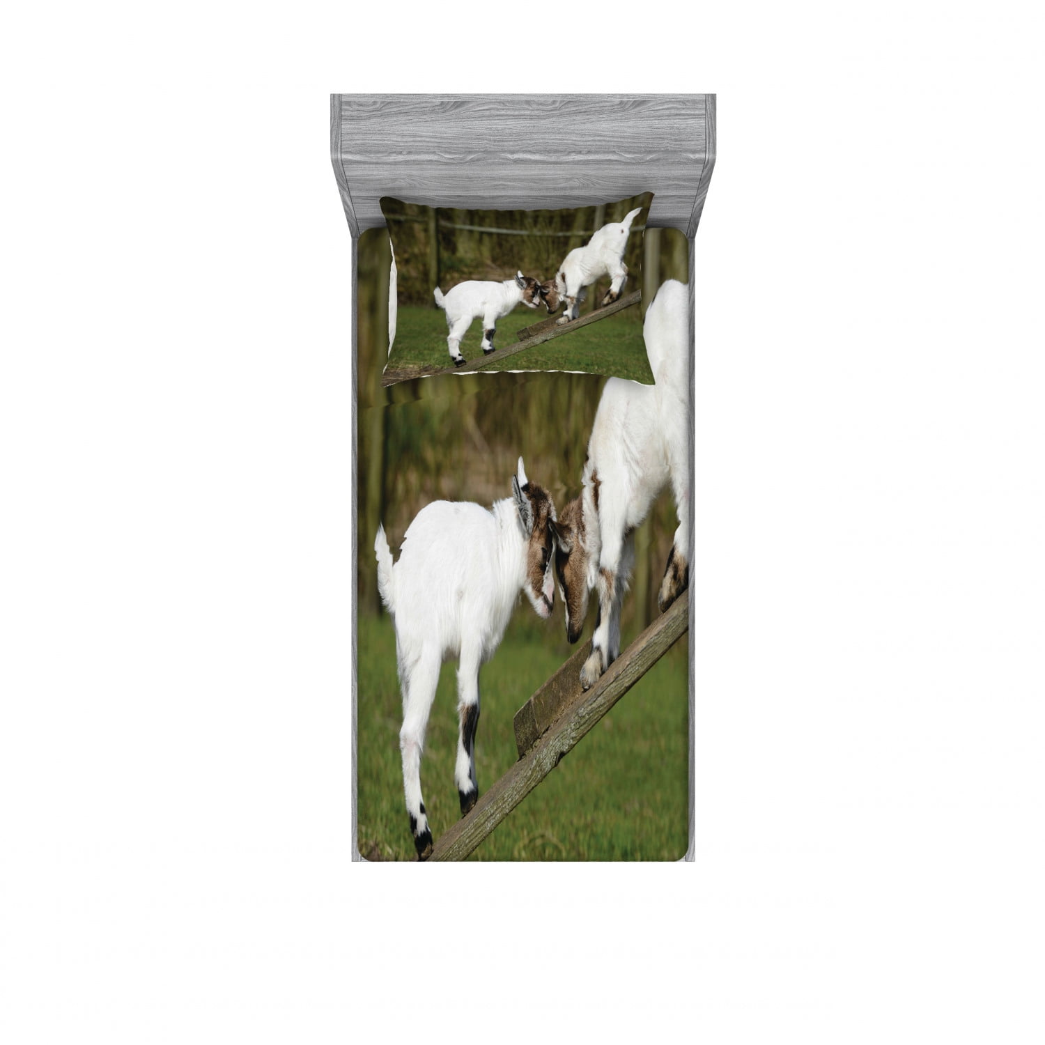 Animal Bedding Set with Sheet & Covers, Little Baby Goats on a Bench