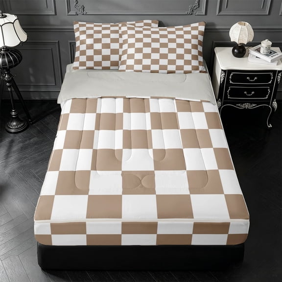 Erosebridal Geometric Plaid Buffalo Zipper Twin Comforter Sets with Fitted Sheet and 2 Pillowcases,Minimalist Style Zipper Bedding Set For Boys,Light Gray Reversible,4-Piece