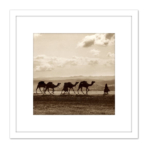 Photo Egyptian Camel Train Caravan Desert Panorama 8X8 Inch Square Wooden Framed Wall Art Print Picture with Mount