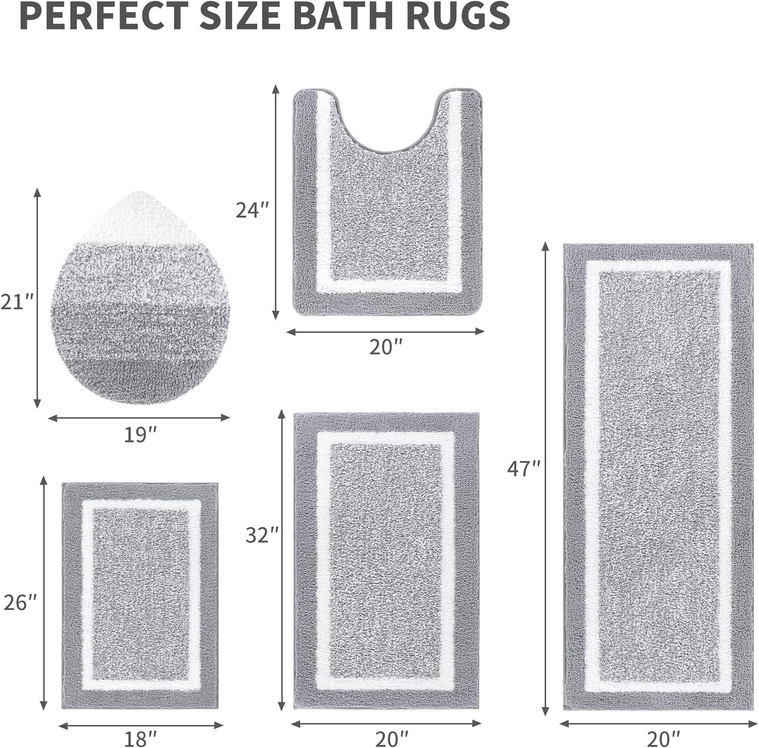 Bathroom Rugs Set 5 Piece, Plush Absorbent Microfiber Bath Mats for Bathroom, Non Slip Washable Bath Rug Set with U Shaped Contour Toilet Rugs, Shower Rug and Toilet Lid Cover, Blue