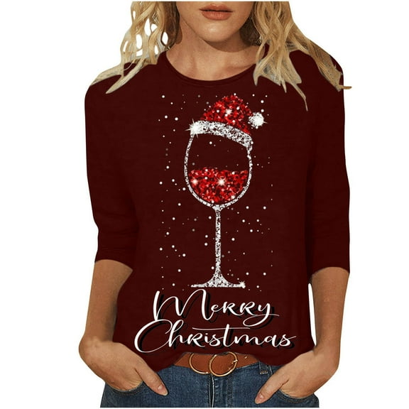 Kaemgyyd Merry Christmas Pajama Tops for Women Casual 3/4 Sleeve Crewneck Print T Shirt Fall Trendy Clothing
