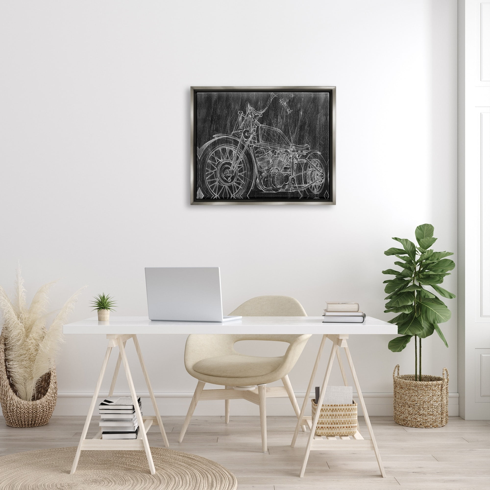 Stupell Industries Monotone Black and White Motorcycle Sketch Luster Gray Framed Floating Canvas Wall Art, 24x30, by Ethan Harper