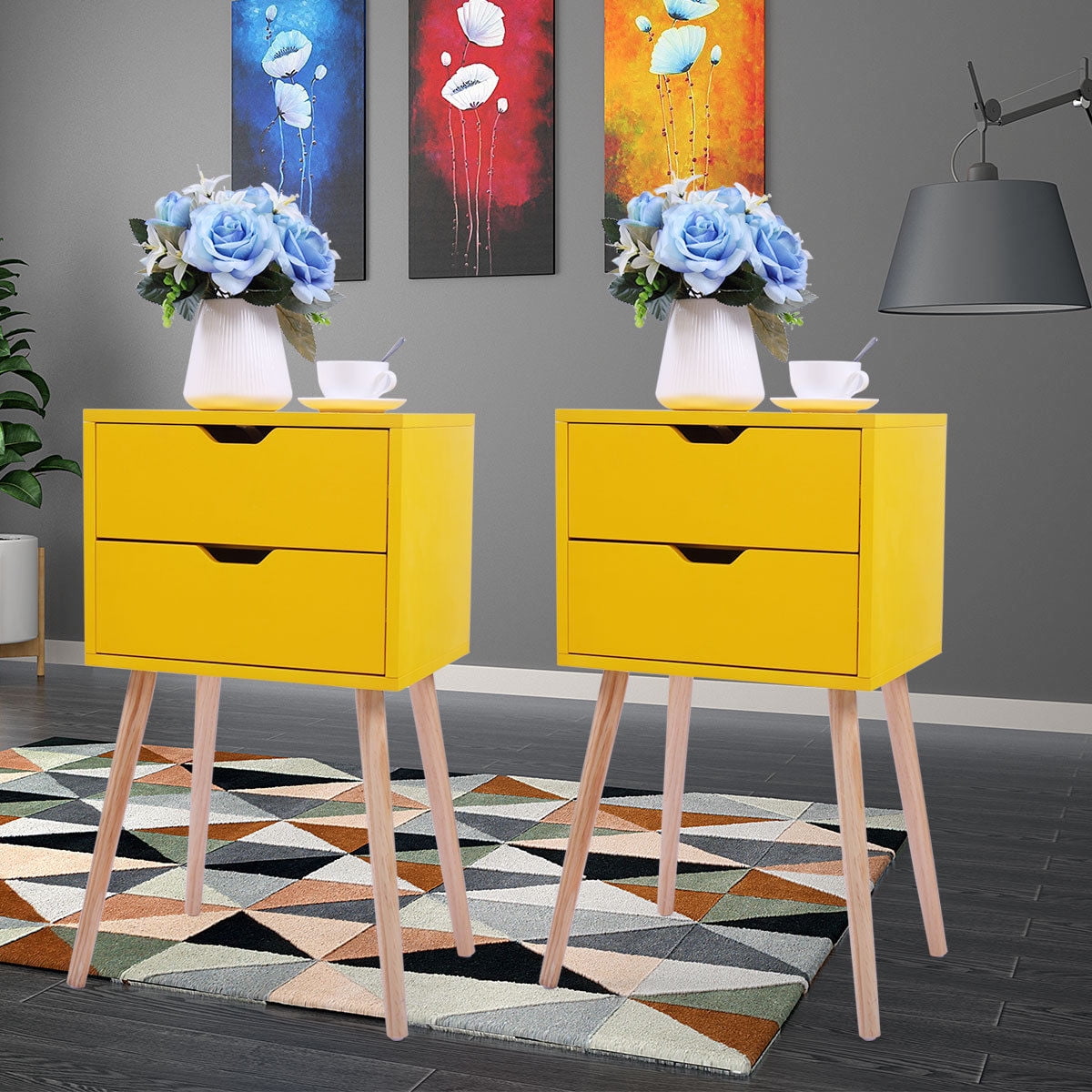 Kepooman Side Table Set of 2, Modern Design Night Stand with 2 Storage Drawer & Wood Legs - Yellow Kepooman Side Table Set of 2, Modern Design Night Stand with 2 Storage Drawer & Wood Legs - Yellow