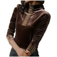 thumbnail image 3 of Aboser Rhinestone Velvet Tops for Women Elegant Turtleneck Shirts Plus Size Soft Long Sleeve Blouses Solid Color Party Club Shirt Slim Fit Undershirts, 3 of 9