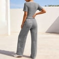 thumbnail image 4 of Pounoo Women's Loungewear Sets Ribbed Square Neck Stripe Short Sleeve Top And Wide Leg Pants Two Piece Outfits Daily Wear Soft Stretchy Comfortable Loungewear Gift, 4 of 6