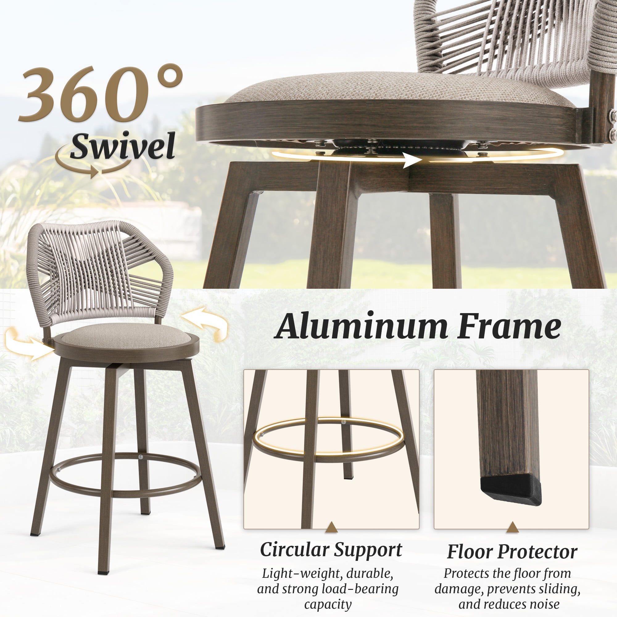 Dycanpo 26'' Swivel Bar Stools Set of 3, Counter Height Stools with Woven Backrest & Footrest, Beige