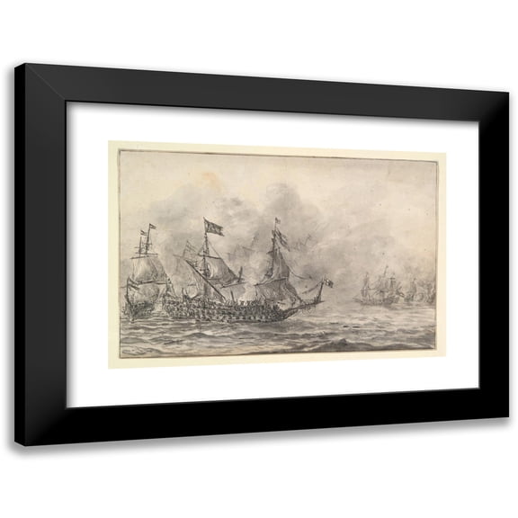Reinier Nooms 14x11 Black Modern Framed Museum Art Print Titled - Naval Battle (Mid-17th Century)