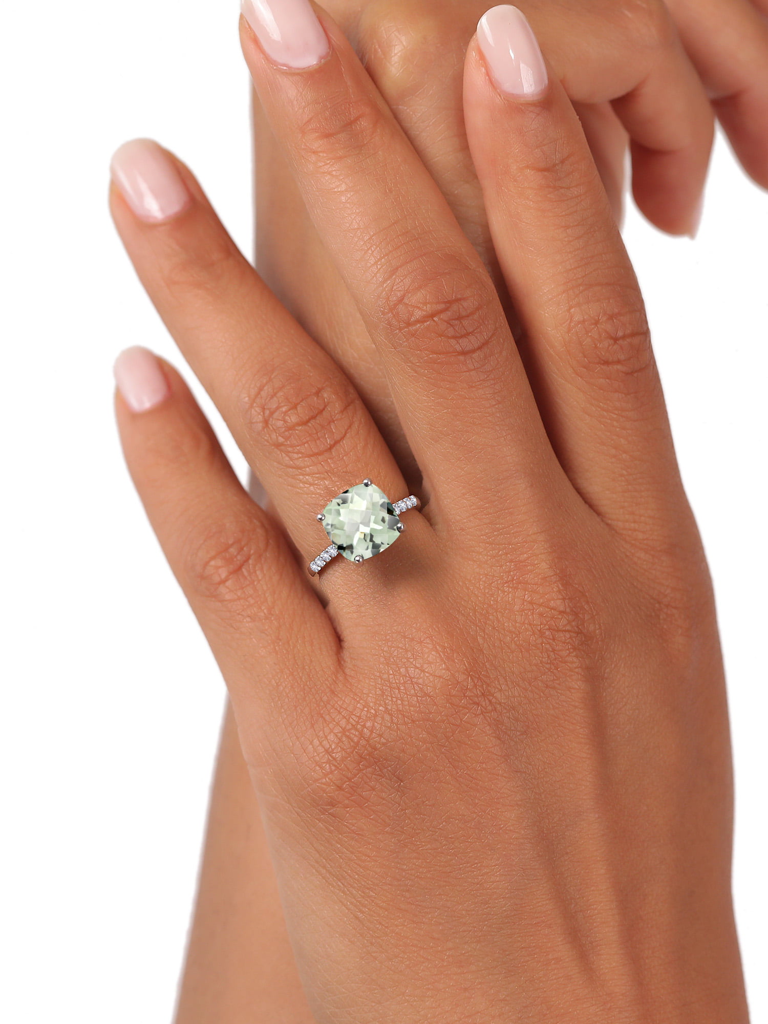 Gem Stone King 10K White Gold Engagement Ring 3.93 Ct Cushion Checkerboard  Green Prasiolite White Created Sapphire