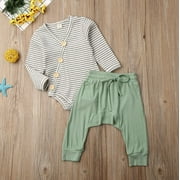 2Pcs Newborn Infant Kids Baby Boy Outfits Striped Romper Jumpsuit   Long Pants Clothing Set