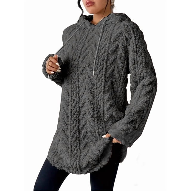 Women'S Solid Color Long Sleeve Hooded Jacquard Sweatshirt Jacket Slim Fit Drawstring Plush Sweatshirt Gray XXL