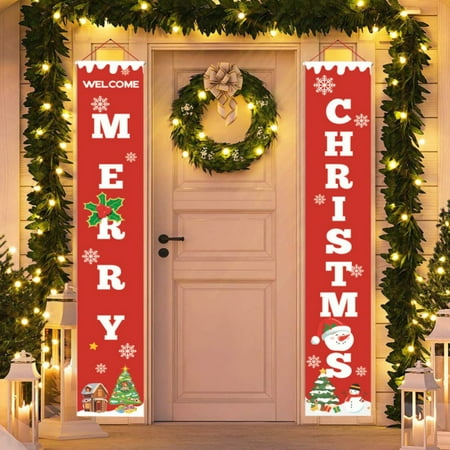 EWAVINC Christmas Door Banner Welcome and Merry Christmas Porch Hanging Sign Xmas Decor for Holiday Home Wall Apartment Party