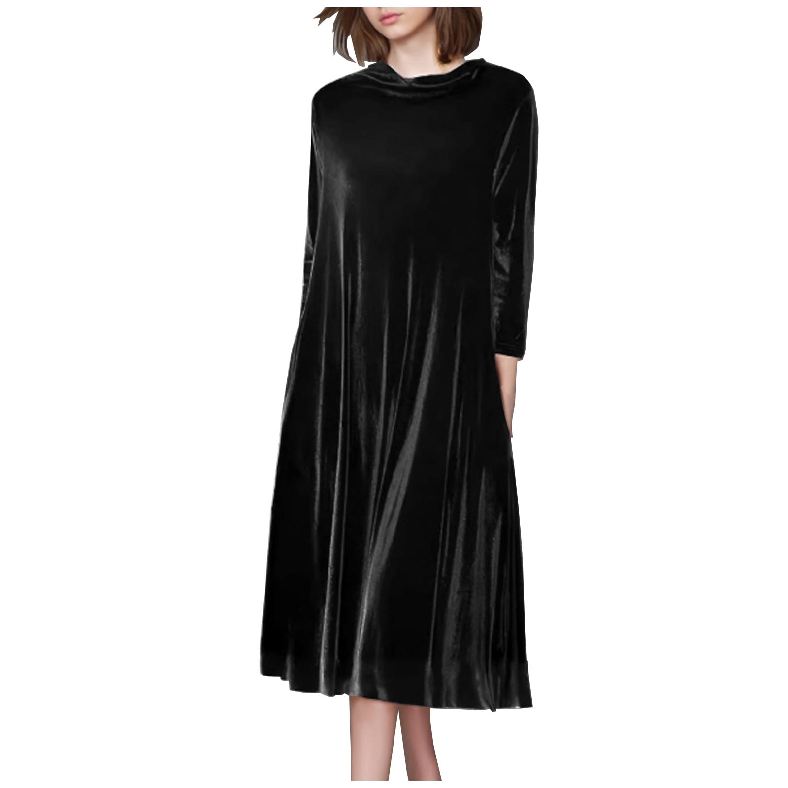 OSFVNOXV Velvet Dress for Women Plus Size Long Sleeve Evening Dress Loose Fit Solid Color Wedding Guest Dress