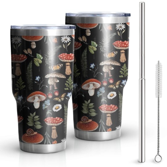 30oz Red Mushroom Snail Black Pattern Tumblers Stainless Steel Tumbler with Lid and Straw,Vacuum Insulated Double Wall Travel Tumbler Cups Mug with Cleaning Brush for Coffee,Tea