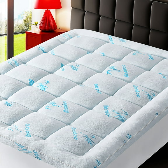 Bamboo Mattress Topper Queen for Back Pain,Extra Thick and Soft Mattress Pad with 8-21" Deep Elastic Pocket, Plush Soft Down,Blue
