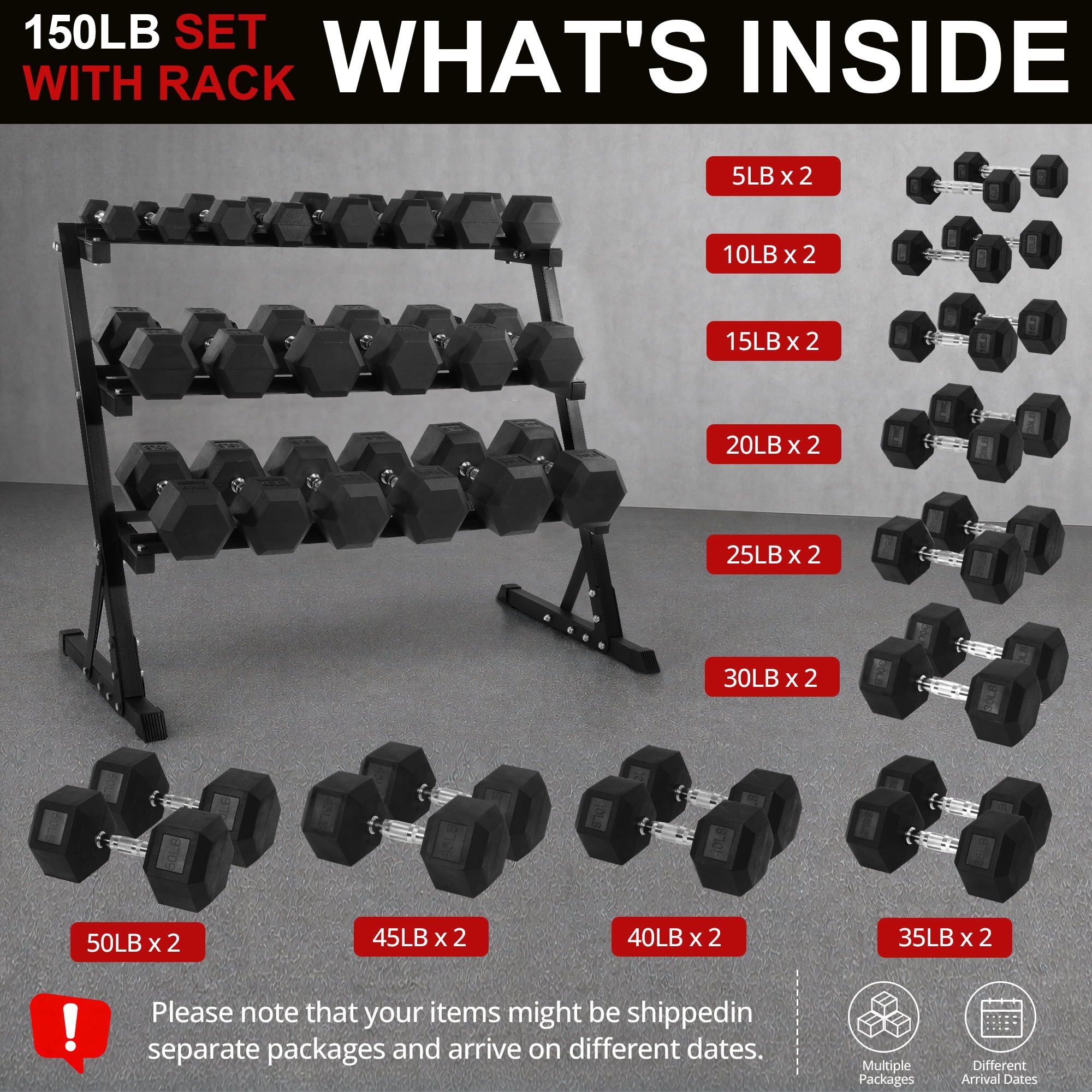 Sprint Demon 550 LB Rubber Hex Dumbbell Set with 3-Tier Storage Rack, 5-50 LB Free Weights Set for Home Gym Strength Training