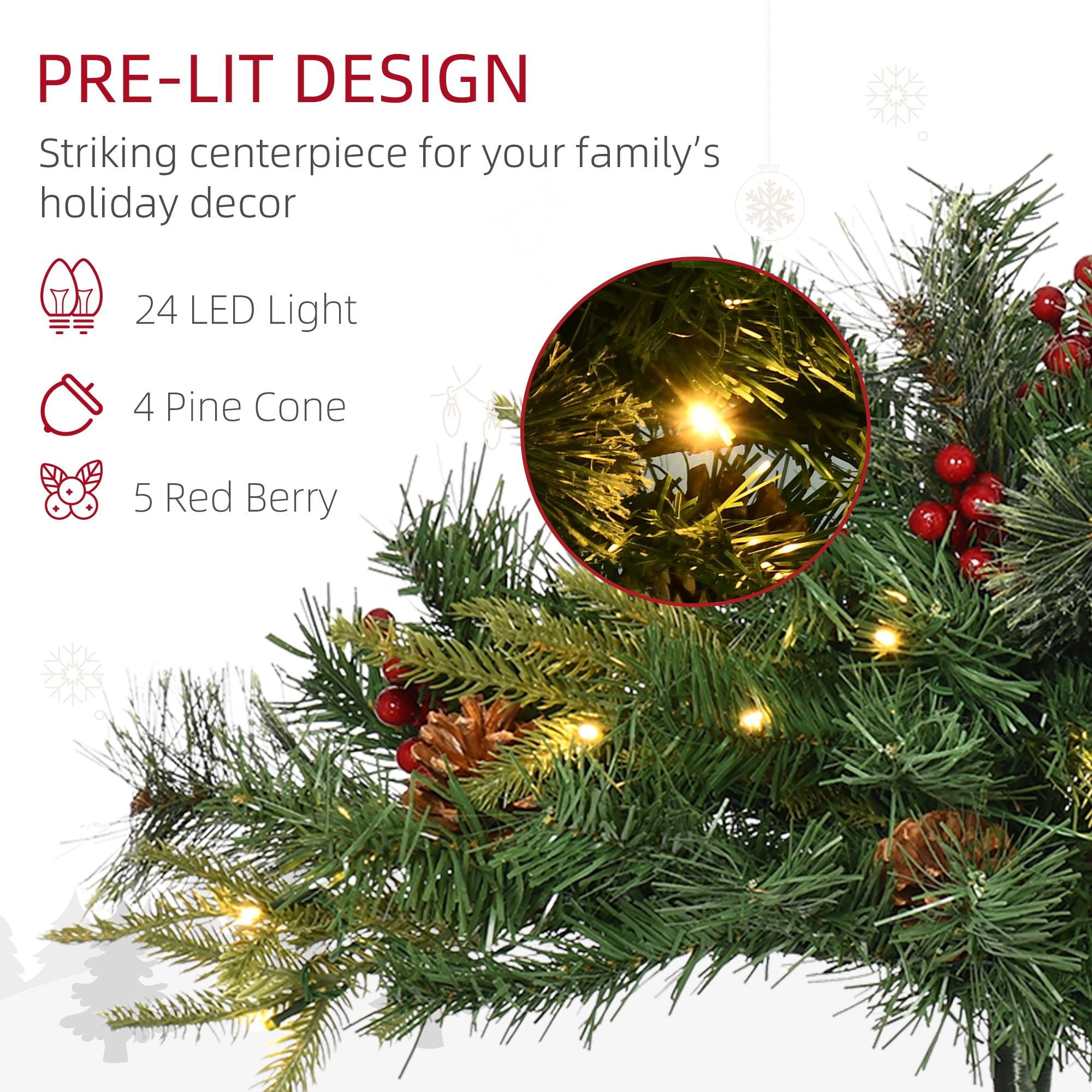 Prelit Artificial Christmas Tree, 2 ft Cordless with Warm White LED Lights, Red Berries and Pine Cones for Outdoor Entryway