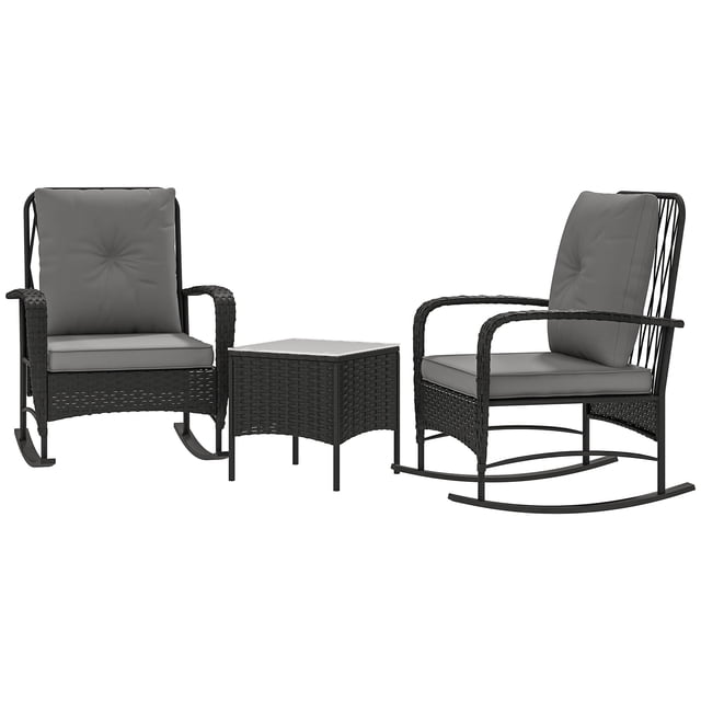 Outsunny 3-Piece Grey Rattan Bistro Set: Rocking Patio Furniture with Thick Cushions & Glass Top Table for Balcony, Porch, or Small Outdoor Spaces.