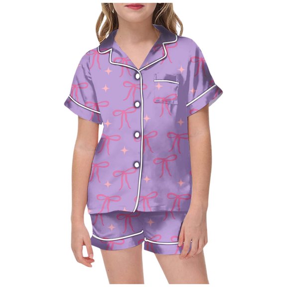 Big Girls Outfit Sets 2 Piece Short Sleeve Top Bow Shorts Age 3 13 Girls Spring Clothes,Purple,Size 12 -13 Years