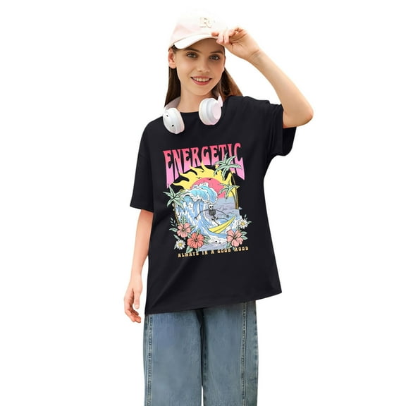 Hiijoy Toddler Girls Summer Beach Graphic Tee Short Sleeve Crew Neck T-Shirt, Sizes 1-13