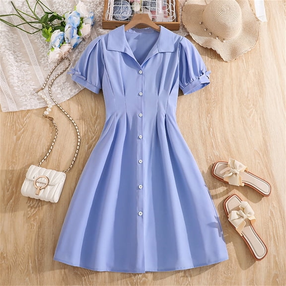 Girls Light Blue Button Down Shirt Dress with Puff Sleeves for School & Play, Stretchy Wrinkle-Free A-Line Dress,Size 7-8 T