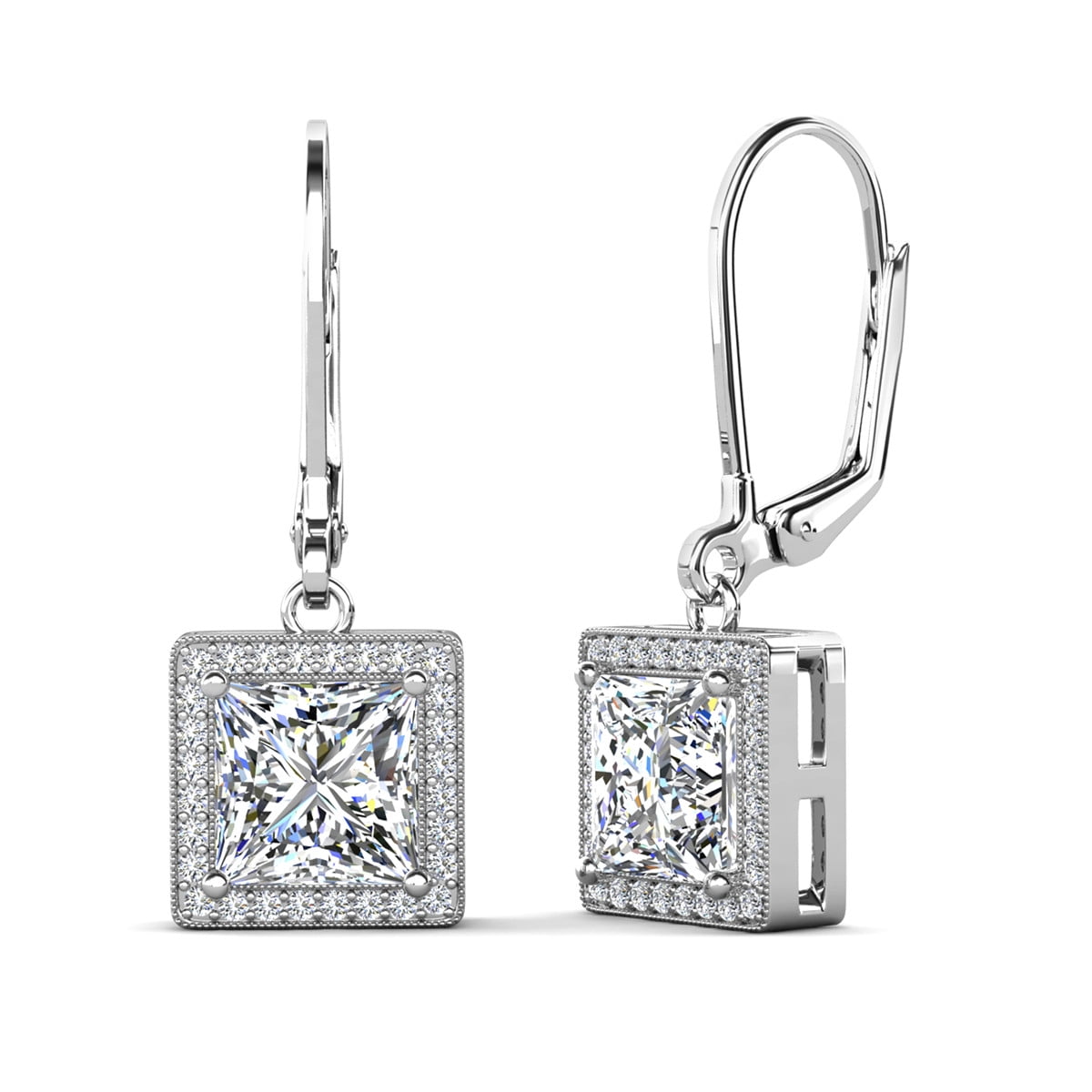 Cate & Chloe Maeve 18k White Gold Plated Drop Dangle Halo Earrings with Simulated Diamonds for Women