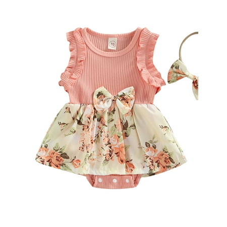 

CenturyX Newborn Baby Girls Summer Romper with Headband Sleeveless Ribbed Floral Dress-Like Jumpsuit Clothes Pink 12-18 Months