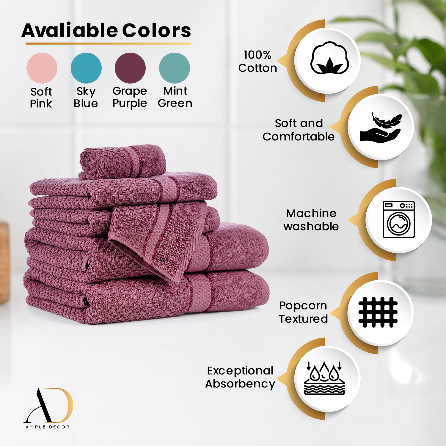 Ample Decor Bathroom Hand Towel 18 X 28 Inch 600 GSM 100% Cotton - Popcorn Textured Towel - 6Pcs Grape Purple