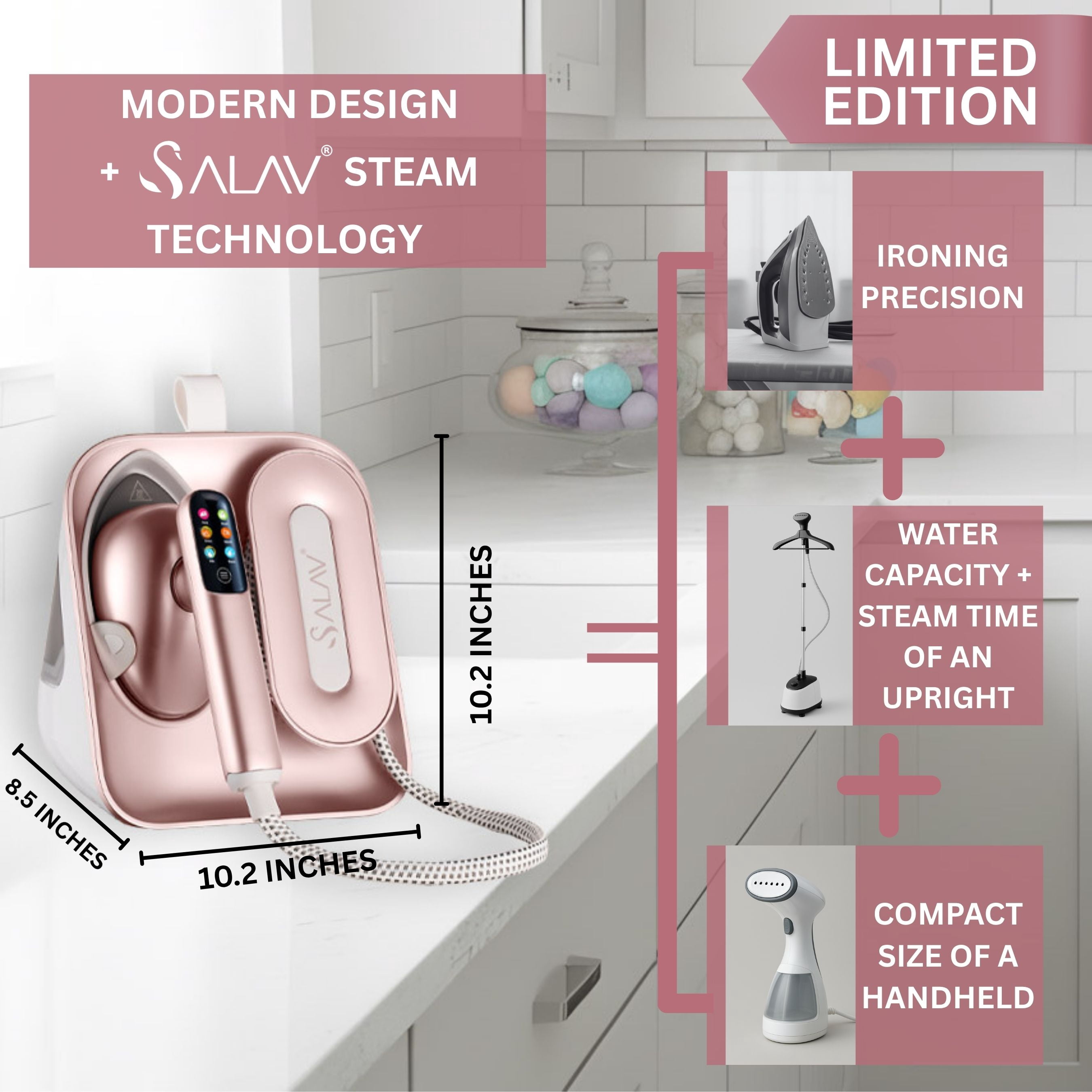 SALAV Deluxe DuoPress Steamer and Iron Station with Steam Levels and Digital Display, Rose Gold