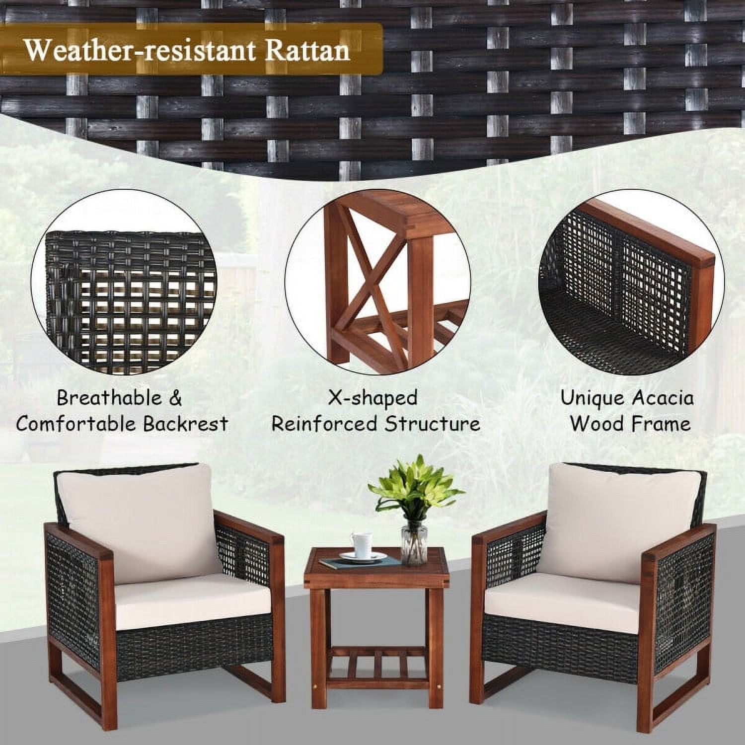 Aimee Lii 3 Pieces Patio Rattan Furniture Set with Washable Cushion and Acacia Wood Tabletop, Small Patio Set, B-Beige Aimee Lii 3 Pieces Patio Rattan Furniture Set with Washable Cushion and Acacia Wood Tabletop, Small Patio Set, B-Beige