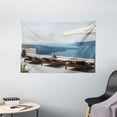 thumbnail image 1 of Travel Decor Tapestry, Sunbathing with Caldera View Terrace Santorini Aegean Greece Print, Wall Hanging for Bedroom Living Room Dorm Decor, 60W X 40L Inches, Blue White and Green, by Ambesonne, 1 of 2