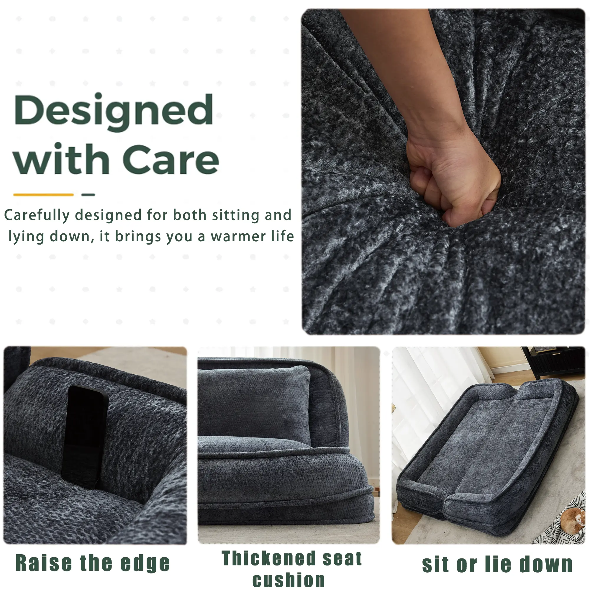 Aukfa Double Human Dog Bed Lazy Sofa Loveseat with Adjustable Backrest, Extra Large 2-Seat Floor Couch with Plump PillowDark Gray